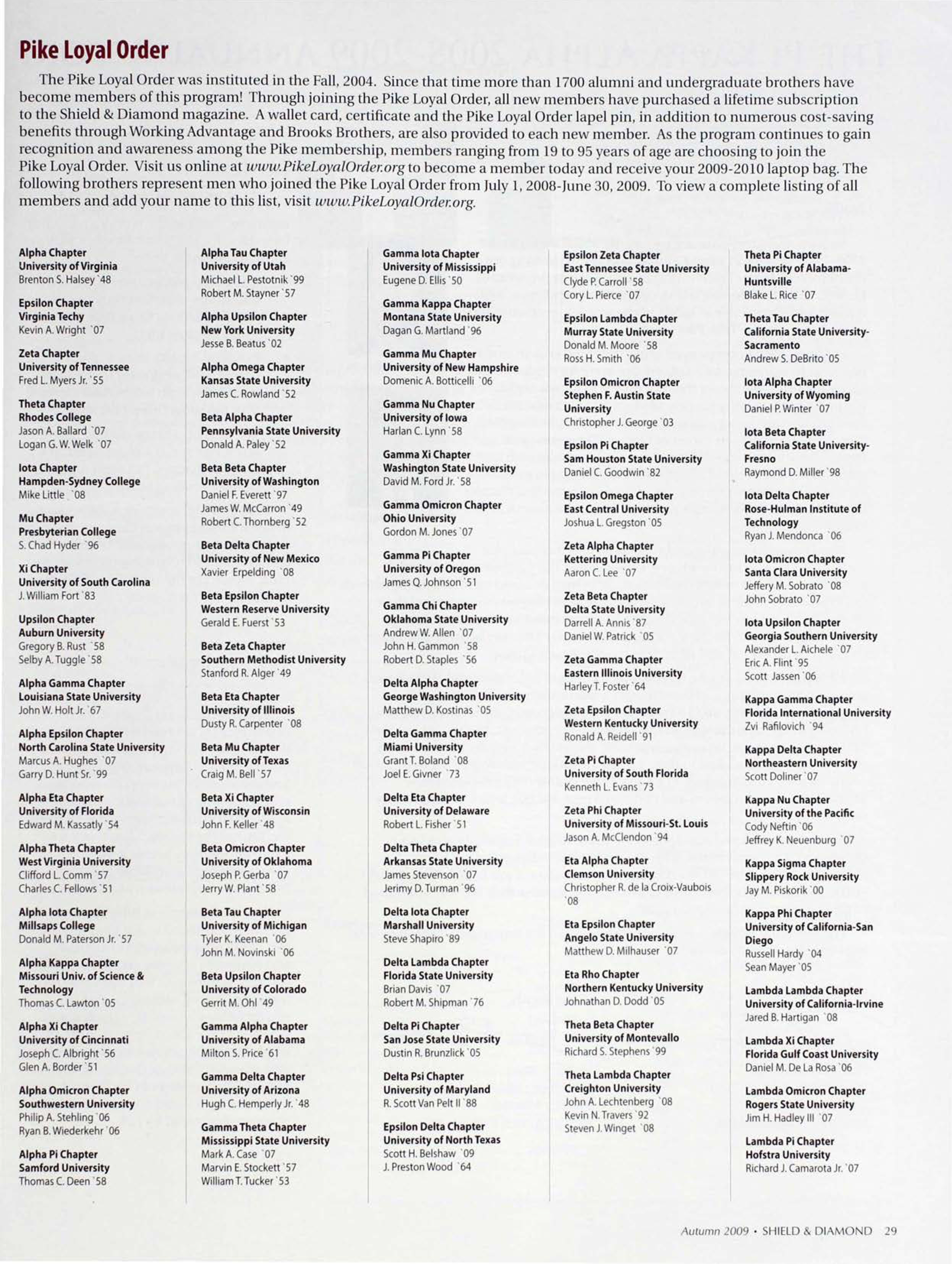 Pike Loyal Order, Autumn 2009